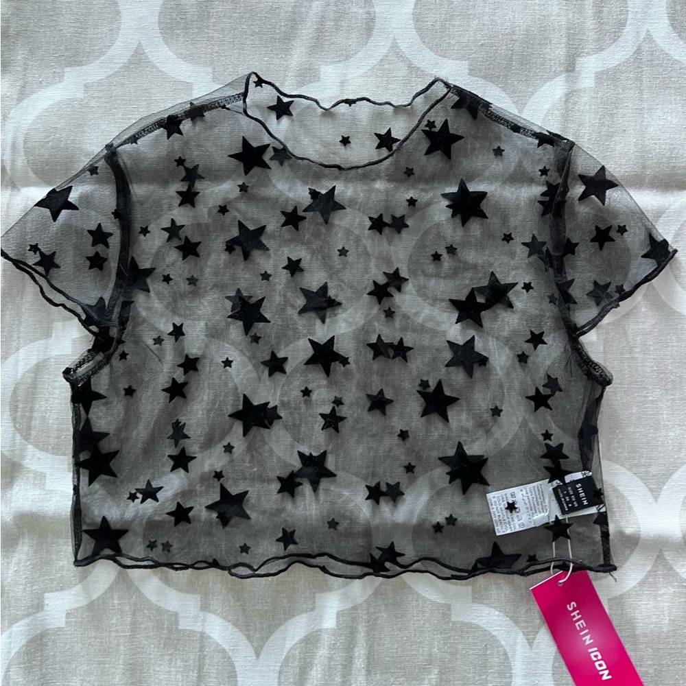 SHEIN Black Star Sheer Crop Top
